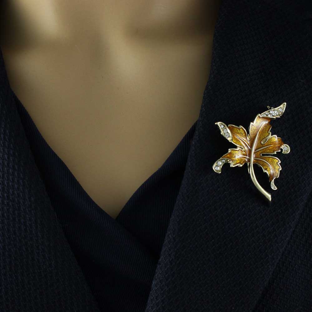 Brown Enamel and Crystals Curled Maple Leaf Brooch Pin - PRL343 - Lilylin Designs