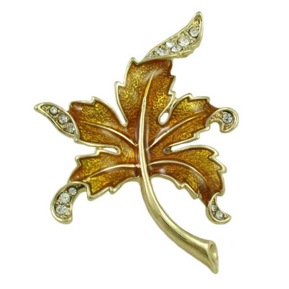 Lilylin Designs Brown Enamel and Crystals Curled Maple Leaf Pin 