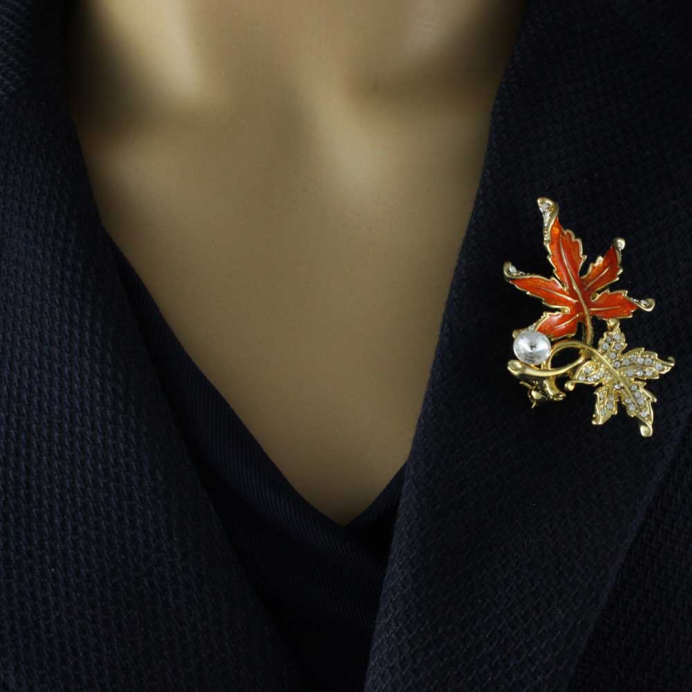 Crystal and Orange Enamel Maple Leaves Brooch Pin - PRL344 - Lilylin Designs