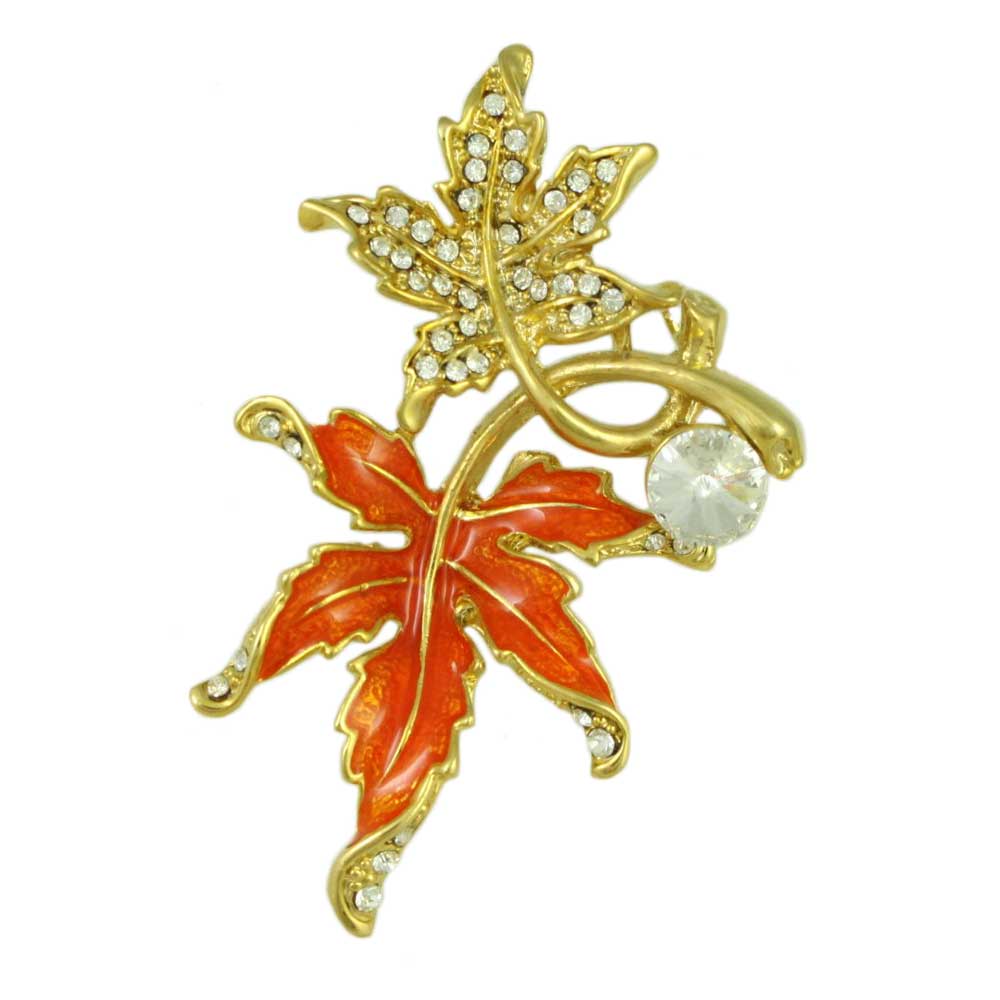 Lilylin Designs Crystal and Orange Enamel Maple Leaves Brooch Pin