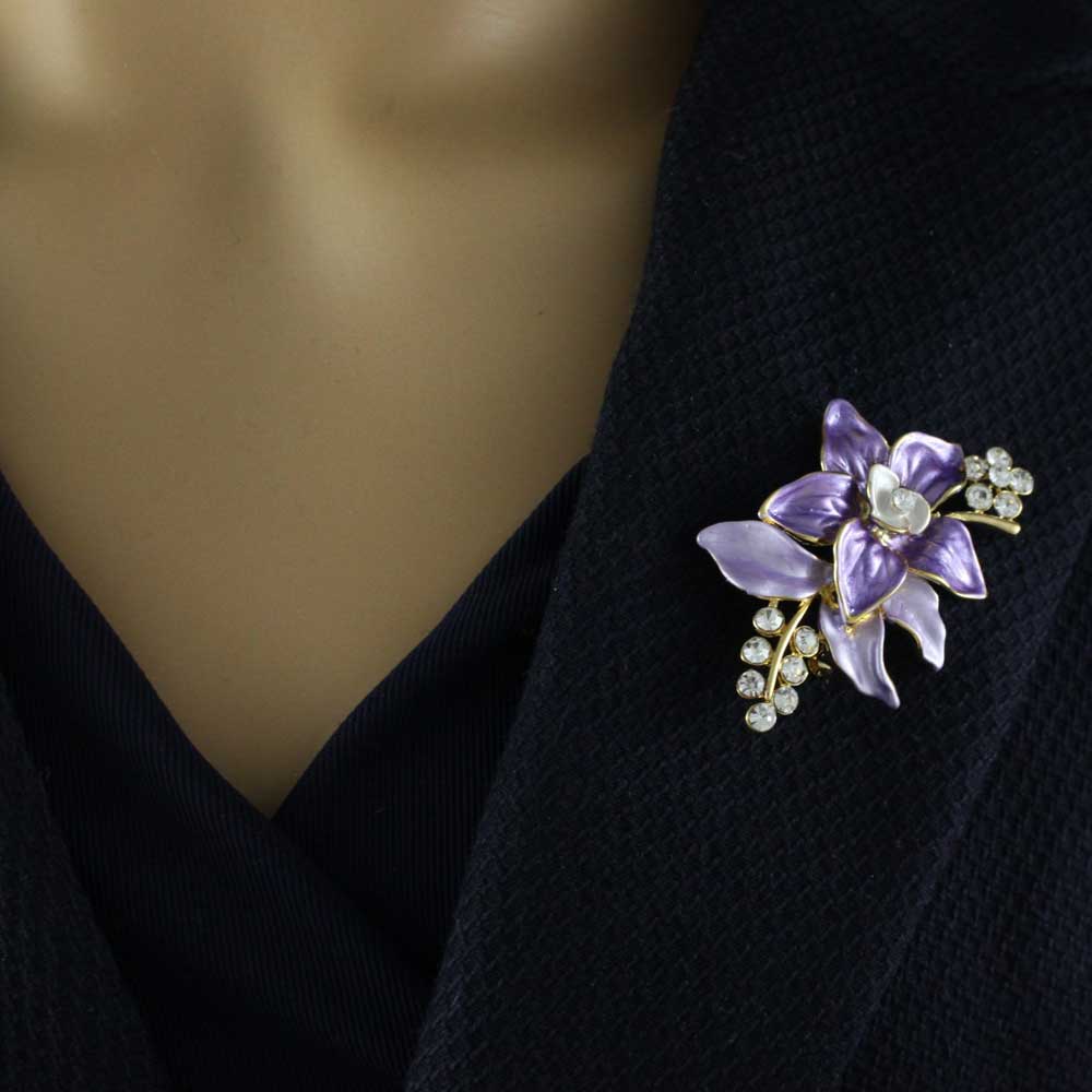 Purple and Lilac Enamel and Crystal Flower Brooch Pin - PRL403 - Lilylin Designs
