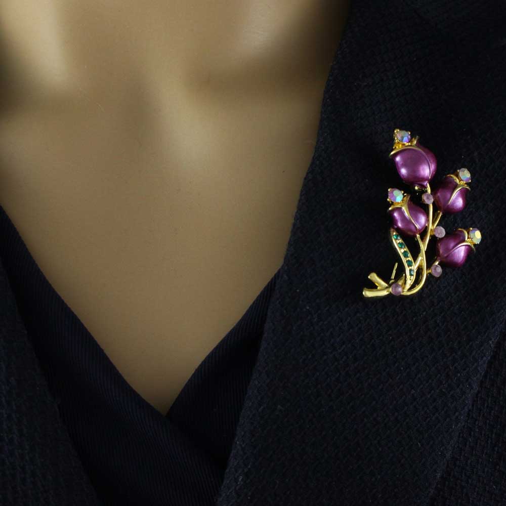 Deep Purple Enamel Roses with Crystals Brooch Pin - PRL414 - Lilylin Designs