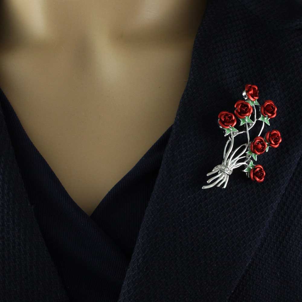 Bunch of Red Roses Brooch Pin and Rose Stud Earring Gift Set - PRL415BS - Lilylin Designs