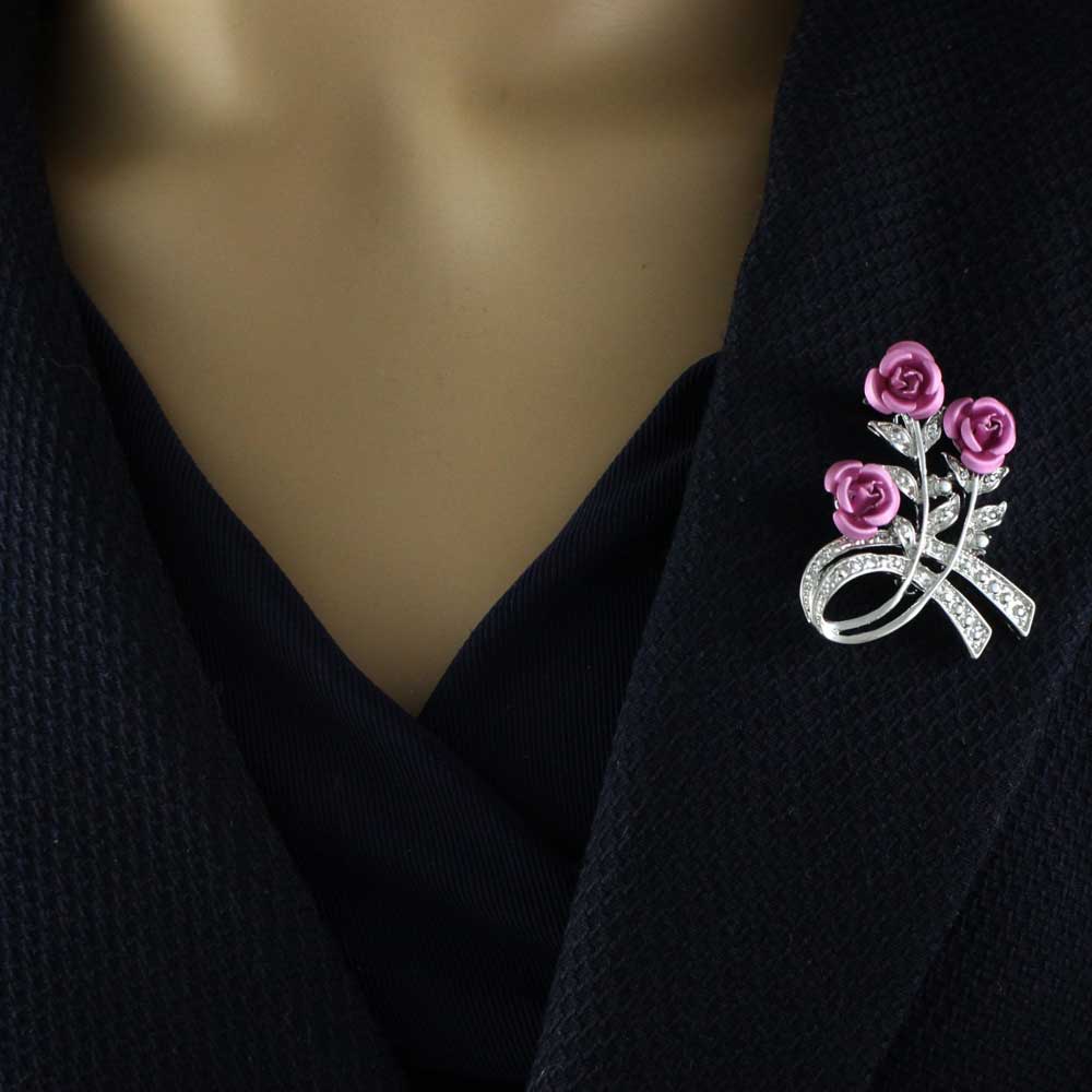 Pink Roses with Silver Crystal Leaves Flower Brooch Pin - PRL421S - Lilylin Designs
