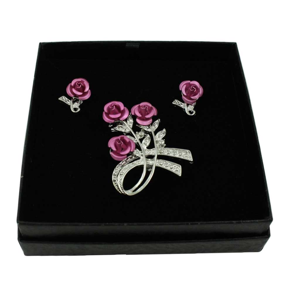 Pink Roses Brooch Pin with Rose Earring Gift Set - PRL421SBS - Lilylin Designs