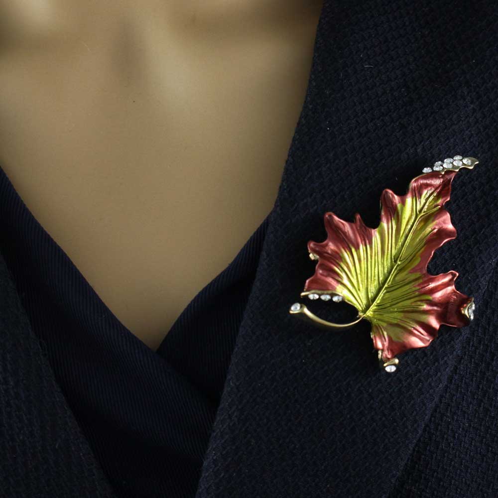 Brown and Green Enamel and Crystal Leaf Brooch Pin - PRL429A - Lilylin Designs