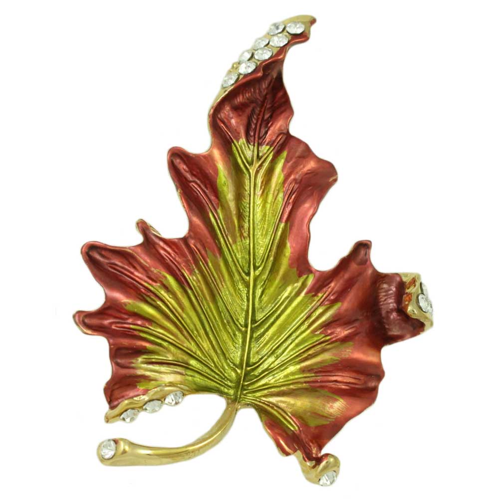 Lilylin Designs Brown and Green Enamel and Crystal Leaf Brooch Pin