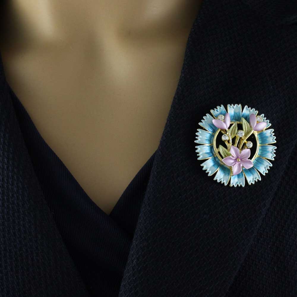 Blue Spiky Wreath with Lavender Flowers Brooch Pin - PRL541 - Lilylin Designs