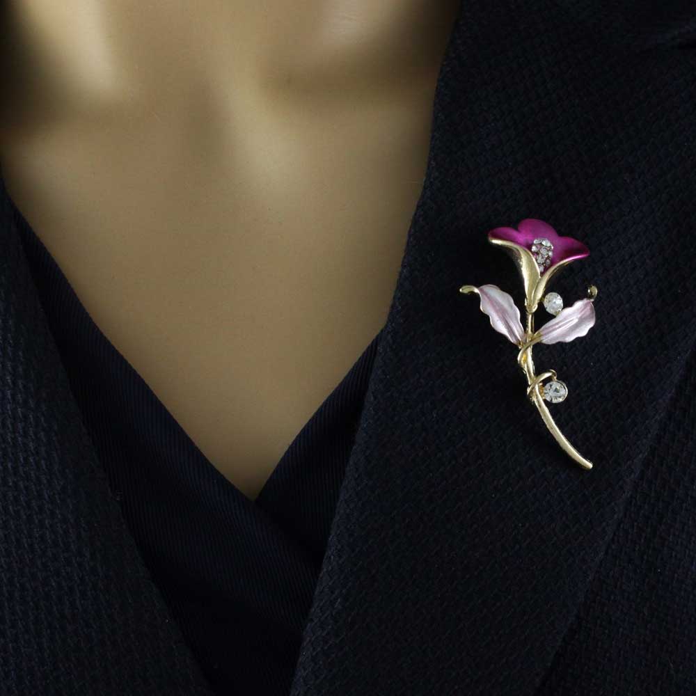 Fuchsia Enamel and Crystal Tulip Brooch Pin - PRL569 - Lilylin Designs