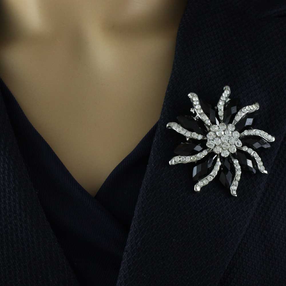 Black Marquise Stones with Clear Crystals Flower Brooch Pin - PRL572 - Lilylin Designs