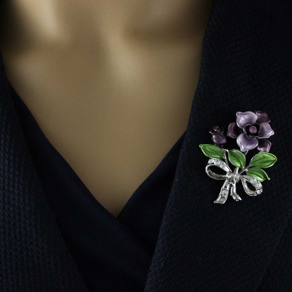 Dark and Light Purple Flowers with Crystals Brooch Pin - PRL605 - Lilylin Designs