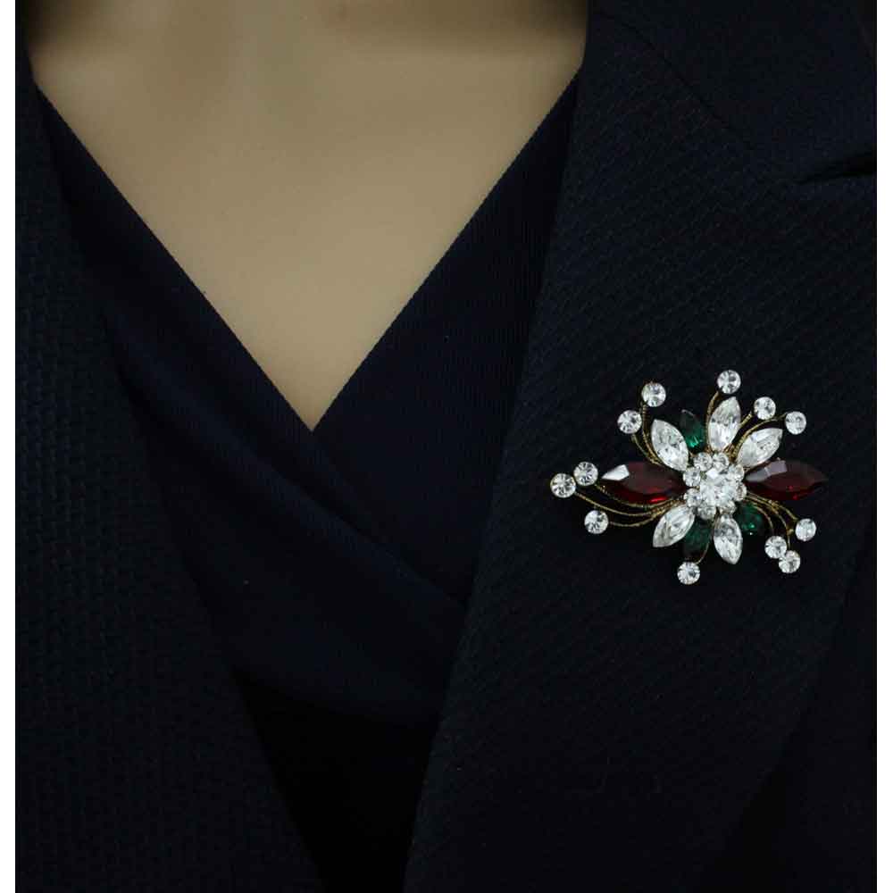Red Green and Clear Crystals Floral Spray Flower Brooch Pin - PRL607RD - Lilylin Designs