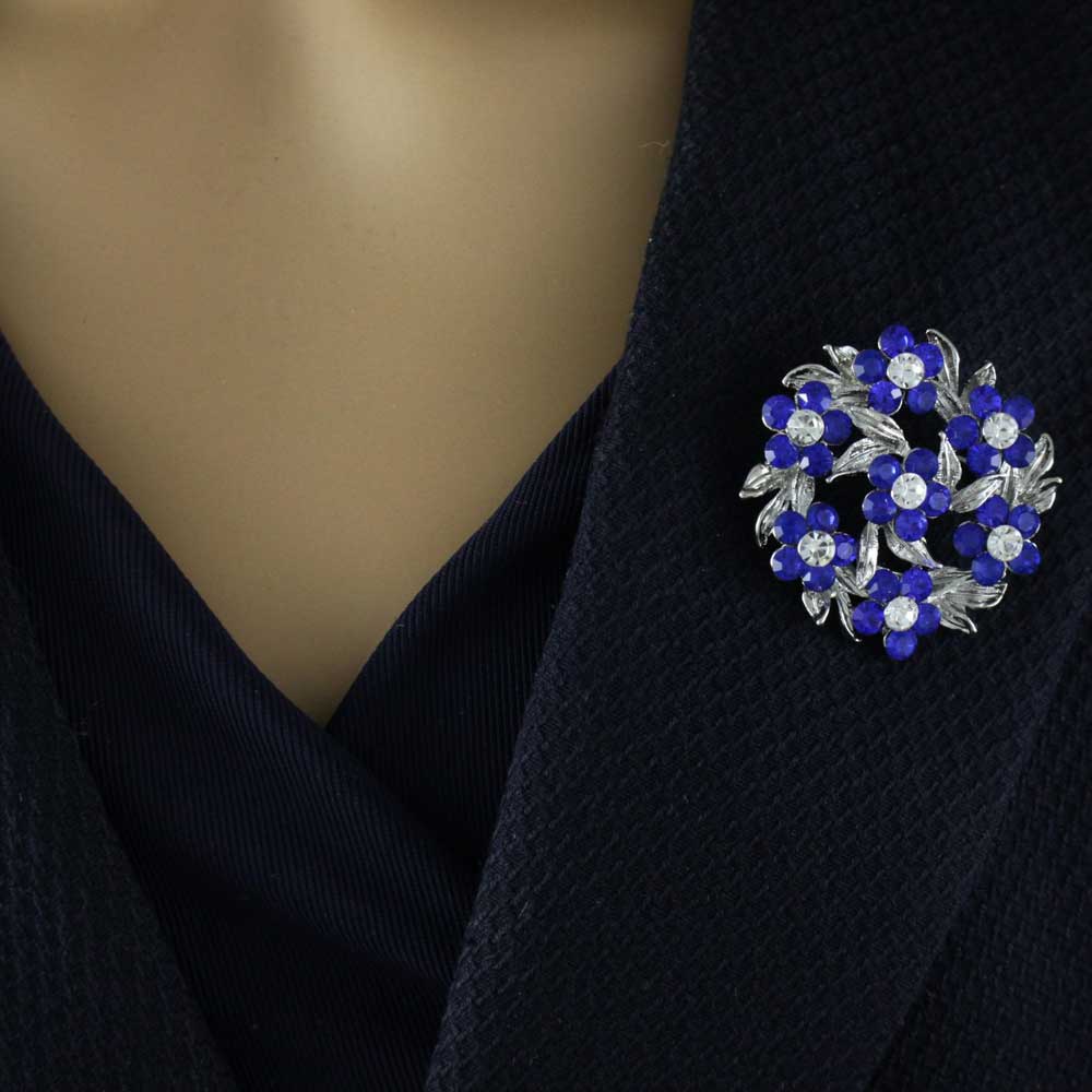Wreath of Blue Daisies with Clear Crystals Brooch Pin - PRL702 - Lilylin Designs