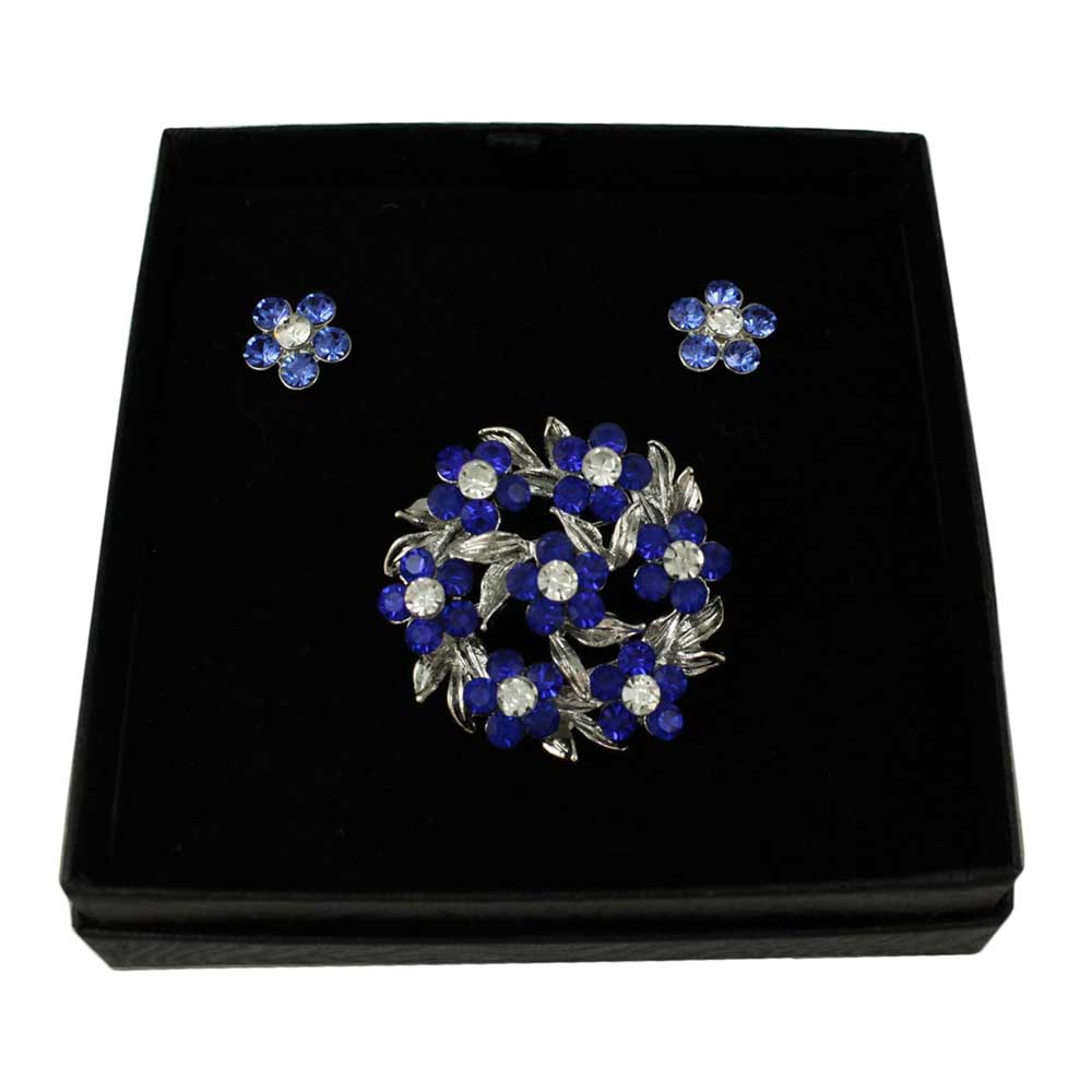 Wreath of Blue Crystal Daisies Pin with Daisy Earring Set - PRL702BS - Lilylin Designs