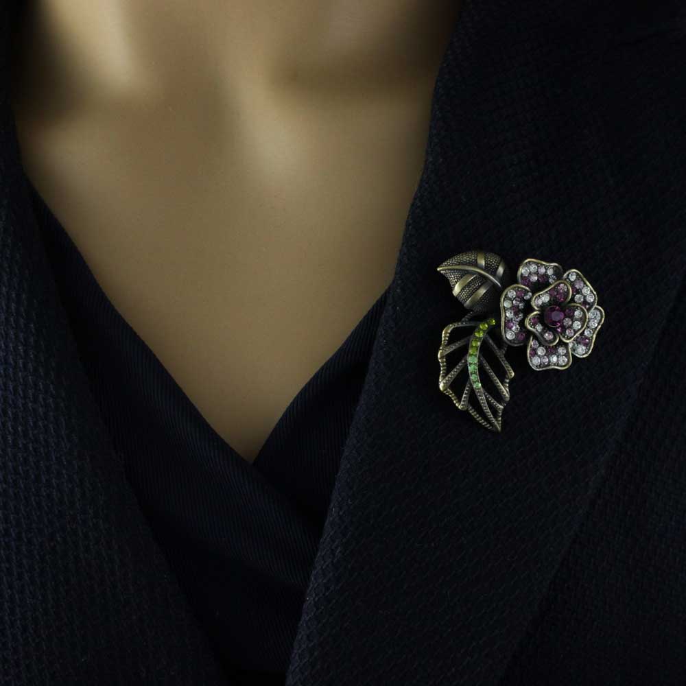 Dark Purple and Clear Crystals Flower Brooch Pin - PRL733A - Lilylin Designs