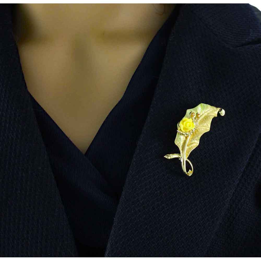 Leaf with Yellow Rose and Crystal Snail Brooch Pin - PRL739 - Lilylin Designs