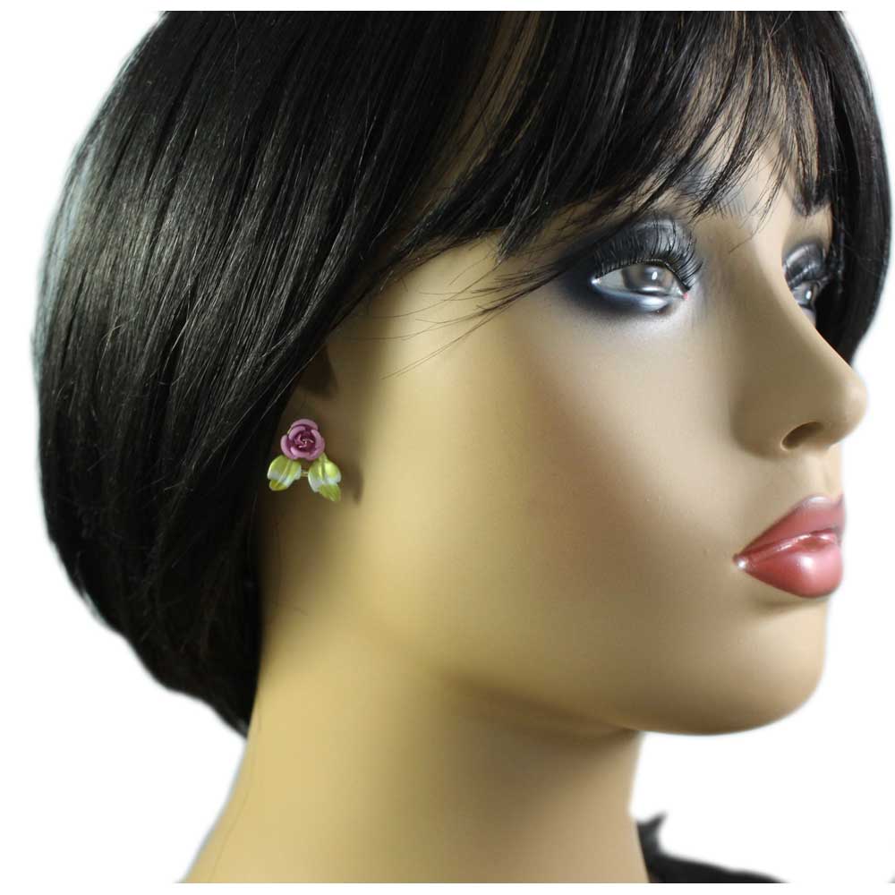Pink Rose with Green Enamel Leaves Pierced Earring - PRL757EP - Lilylin Designs