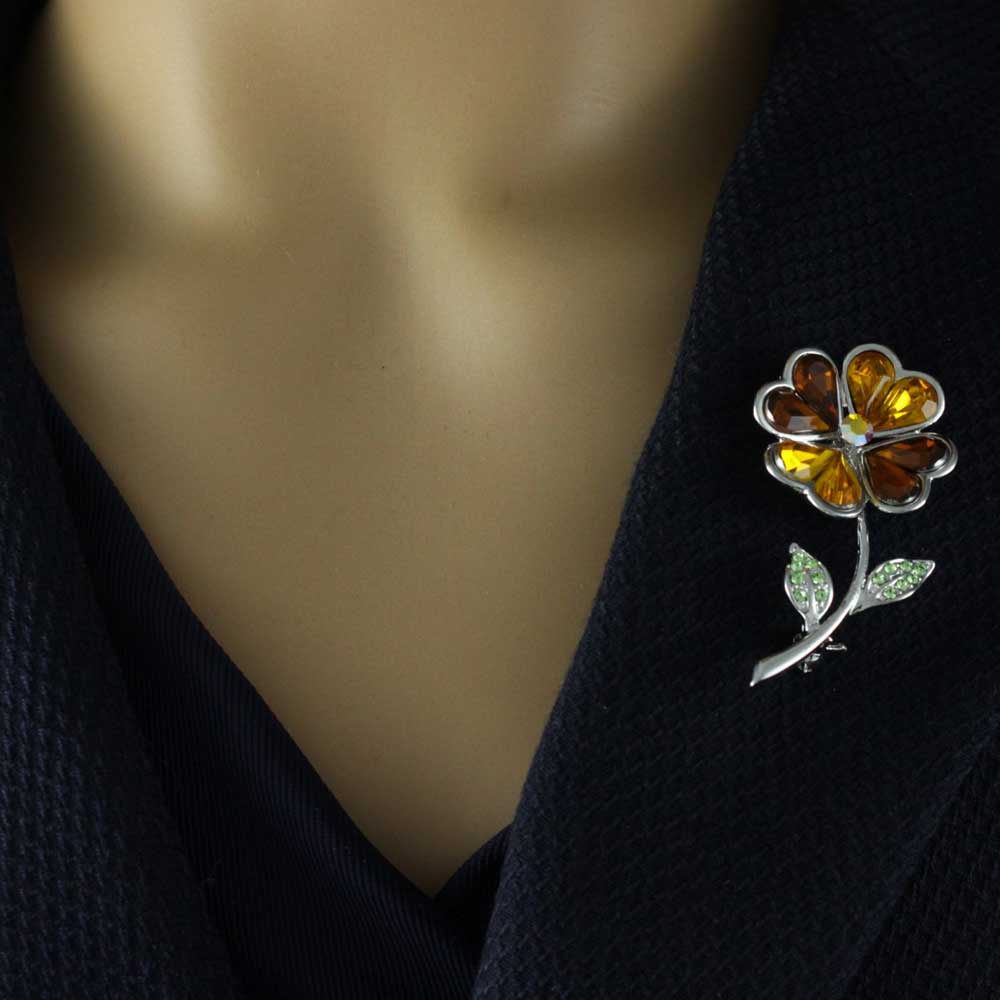Brown Sunflower with Crystal Leaves Brooch Pin - PRL831 - Lilylin Designs