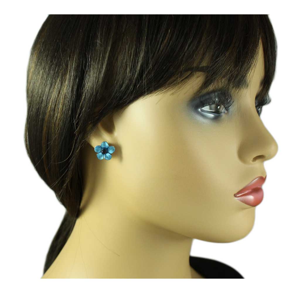 Dark Blue Daisy with Navy Blue Crystal Pierced Earring - PRL835BE - Lilylin Designs