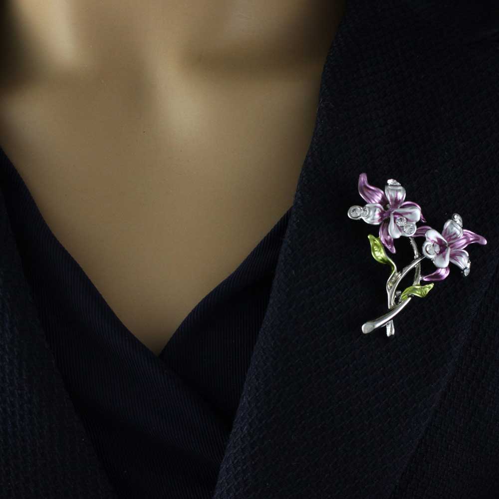 Purple Enamel and Crystal Orchids Flower Brooch Pin - PRL843 - Lilylin Designs