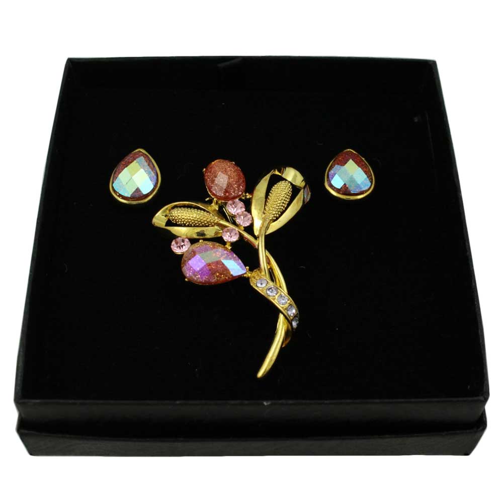 Sparkle in Pink Flower Pin with Teardrop Earring Set - PRL851BS - Lilylin Designs