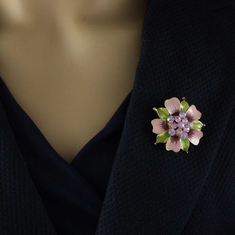 Pink and Green Enamel Flower with Crystals Brooch Pin - PRL908A - Lilylin Designs