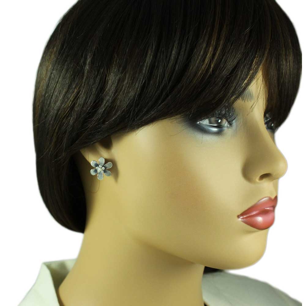 Gray and Blue Enamel Daisy with Crystals Pierced Earring - PRL909E - Lilylin Designs