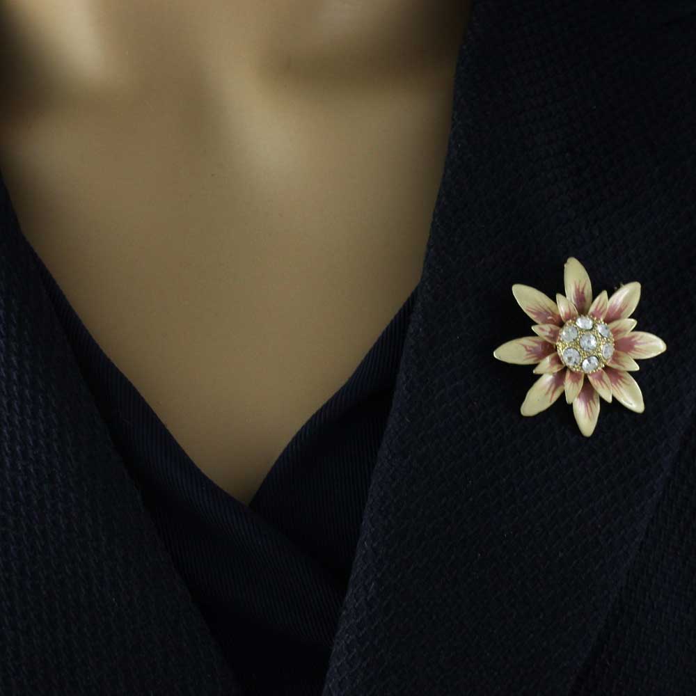 Peaches and Cream Flower Brooch Pin on navy blue jacket | Lilylin Designs