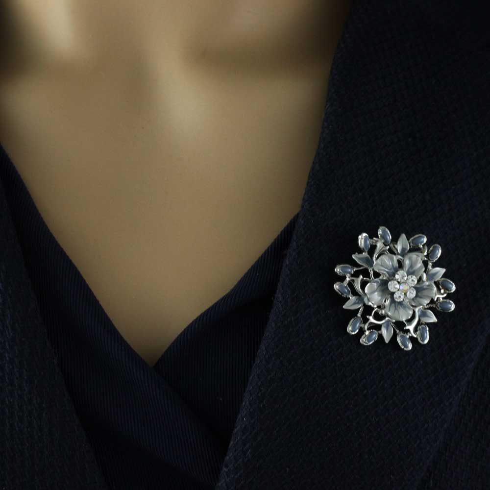 Gray Enamel and Crystal Floral Spray Pin and Earring Set - PRL913BS - Lilylin Designs