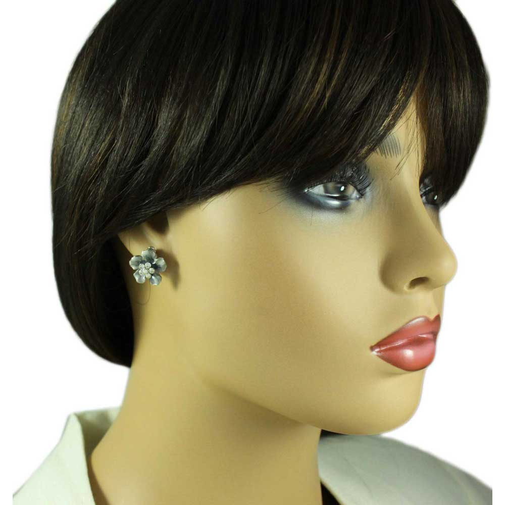 Gray Enamel and Crystal Floral Spray Pin and Earring Set - PRL913BS - Lilylin Designs