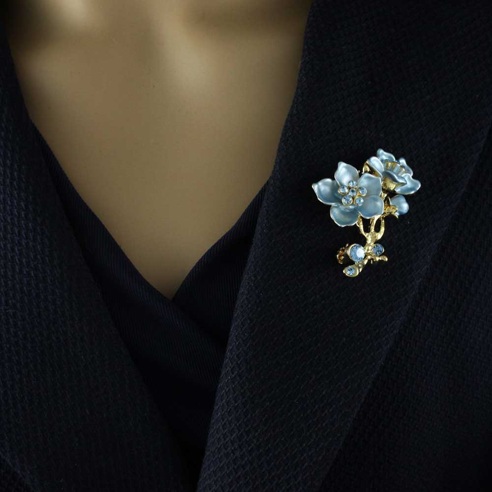 Powder Blue Flower with Blue Crystals Brooch Pin - PRL945 - Lilylin Designs