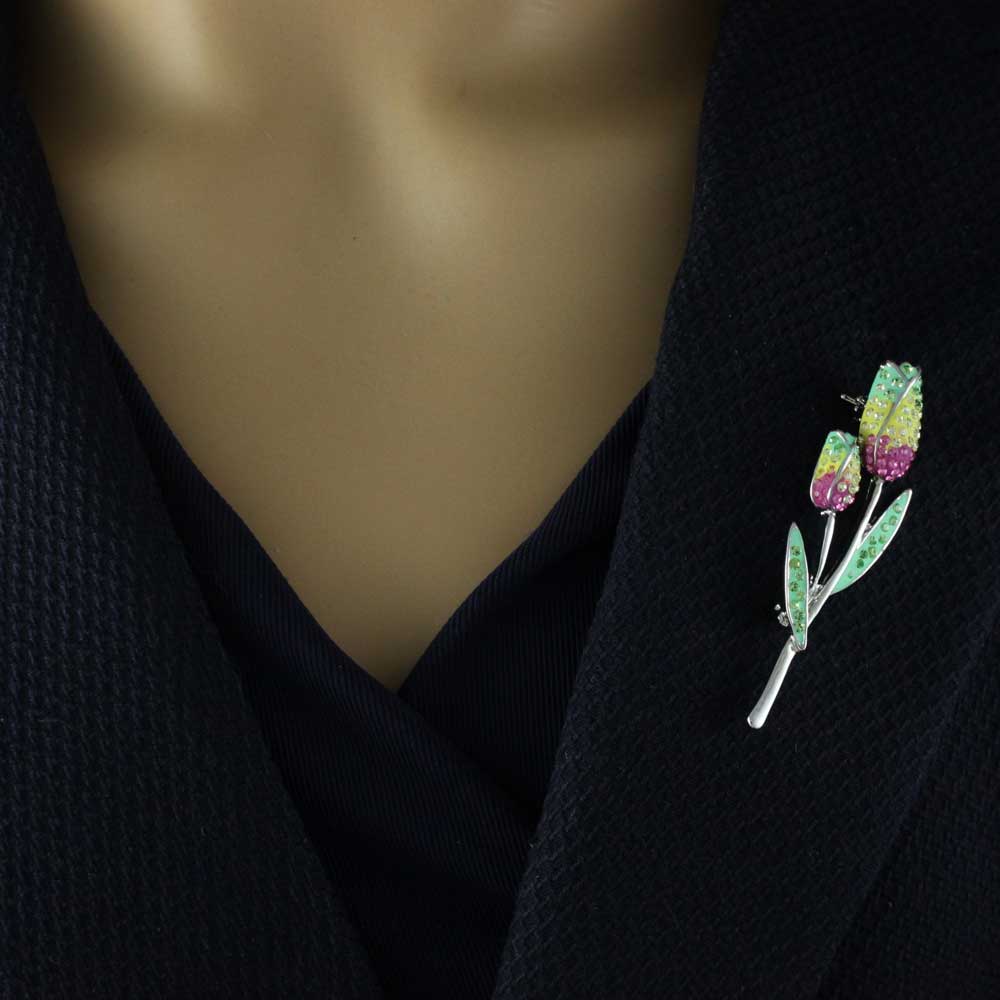 Model wearing Gray Enamel Crystal Flower Trimmed in Black Brooch Pin | Lilylin Designs