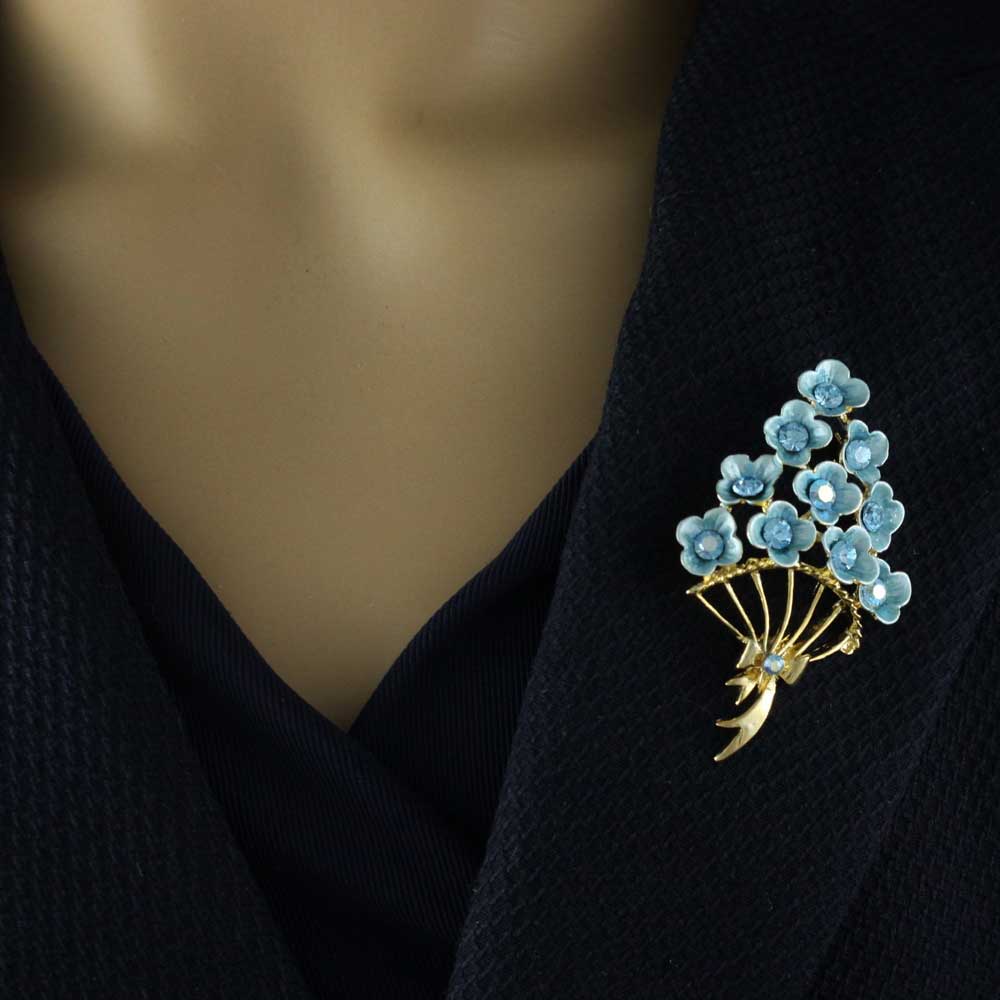 Bouquet of Blue Enamel and Crystal Flowers Brooch Pin - PRL982 - Lilylin Designs