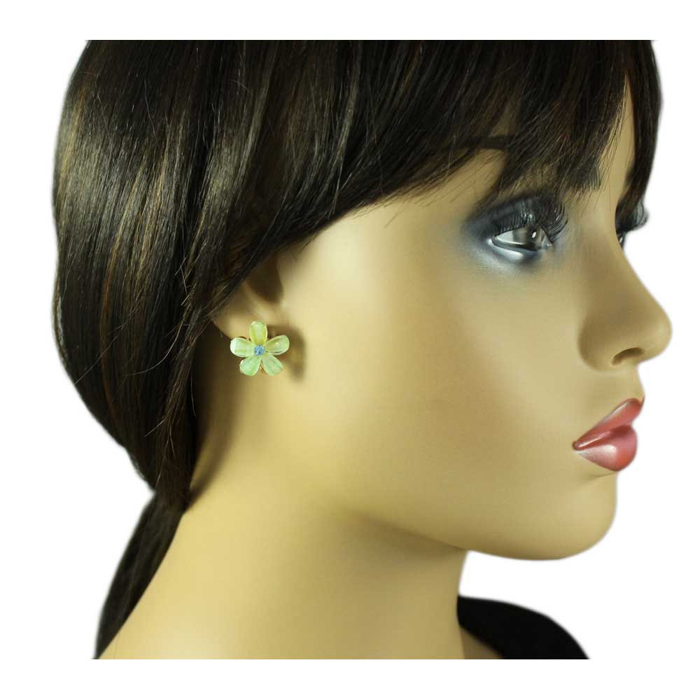 Green Daisy Flower with Blue Center Pierced Earring - PRL986E - Lilylin Designs