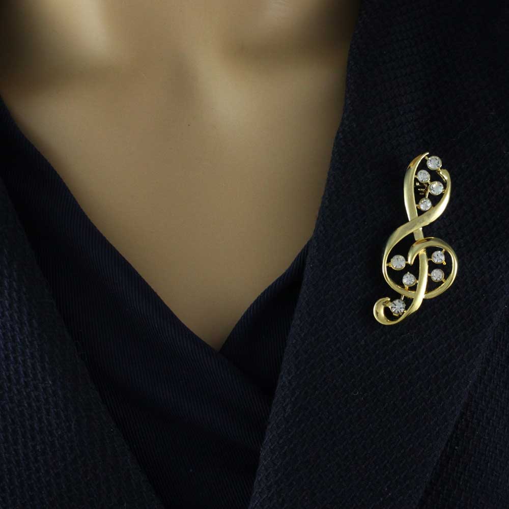 Gold - tone with Clear Crystals G - Clef Brooch Pin - PRM401 - Lilylin Designs