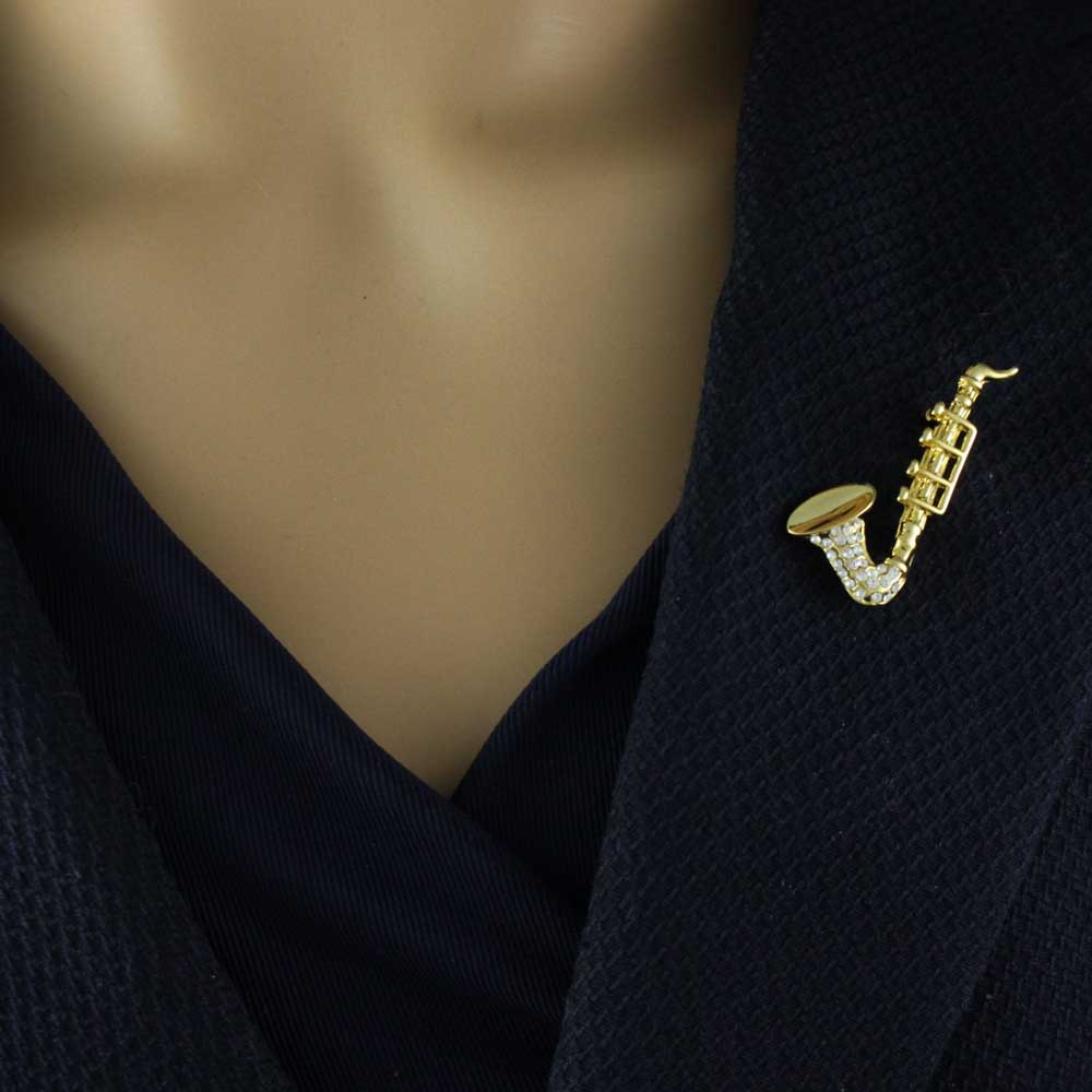 Small Gold and Crystal Saxophone Music Brooch Pin - PRM465A - Lilylin Designs