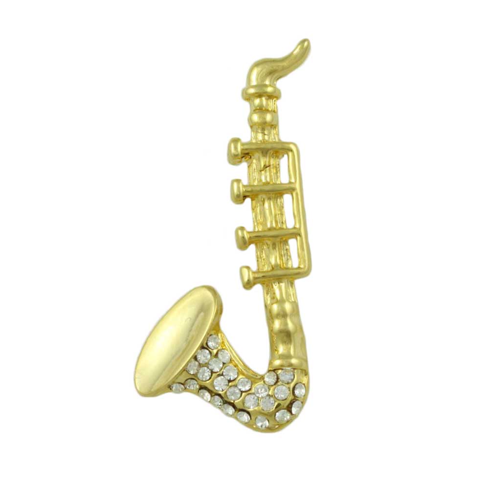 Lilylin Designs Small Gold and Crystal Saxophone Music Brooch Pin