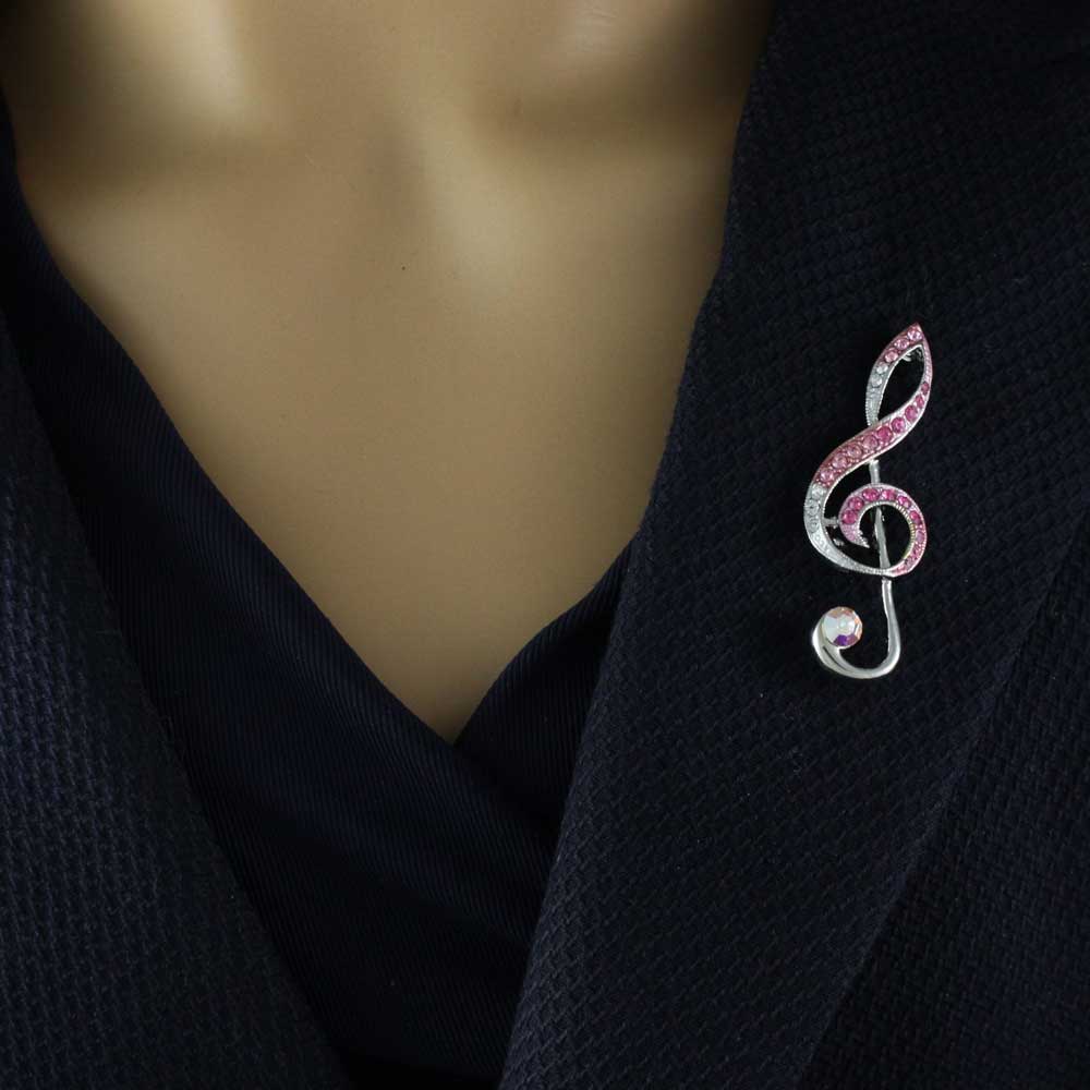 Silver - tone Light and Darker Pink Crystal G Clef Brooch Pin - PRM602 - Lilylin Designs