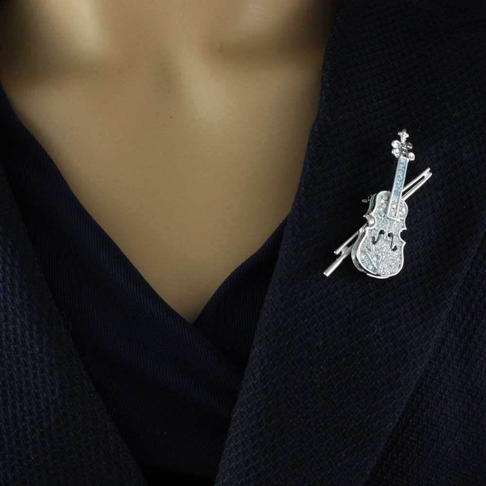 Light Blue and Aurora Borealis Crystal Violin Brooch Pin - PRM604 - Lilylin Designs