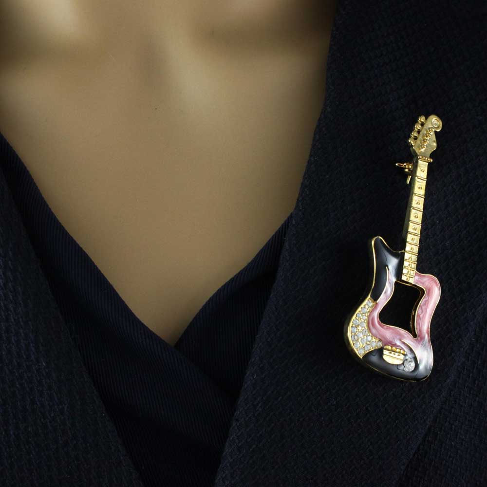 Large Pink and Black Enamel and Crystal Guitar Brooch Pin - PRM901 - Lilylin Designs