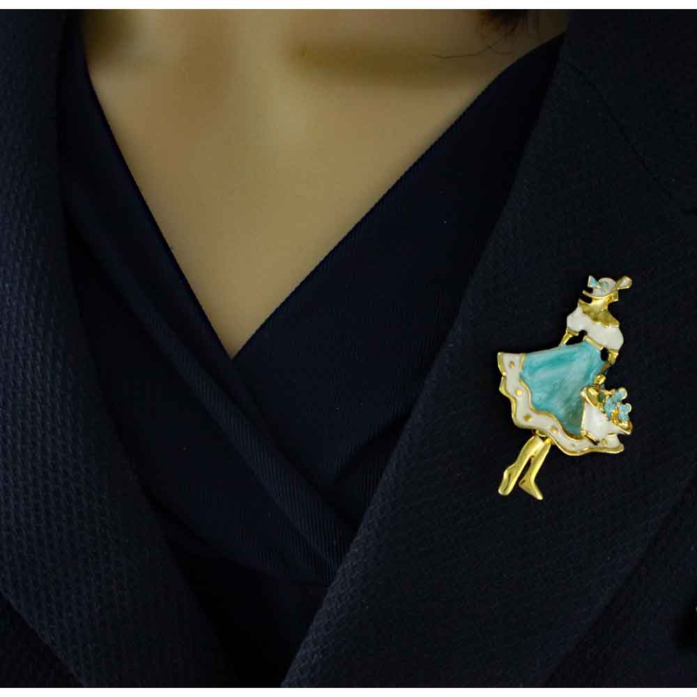 Gold and Enamel Lady with Flower Basket Brooch Pin - PRN326 - Lilylin Designs
