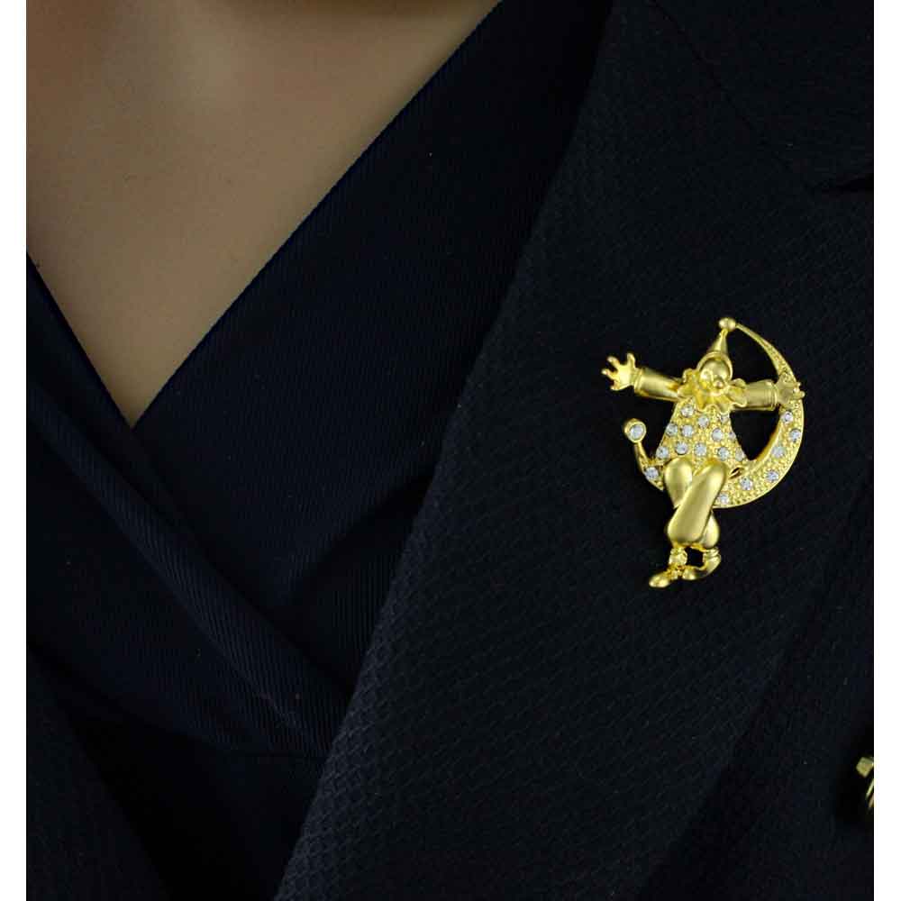 Gold and Crystal Clown on Crescent Moon Brooch Pin - PRN526 - Lilylin Designs