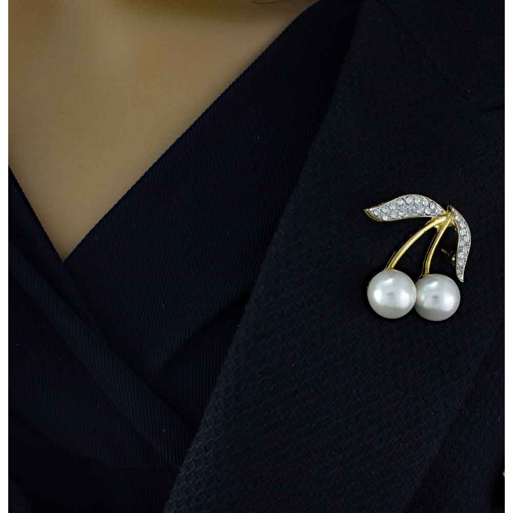 White Pearl Cherries with Crystal Leaves Brooch Pin - PRP021 - Lilylin Designs