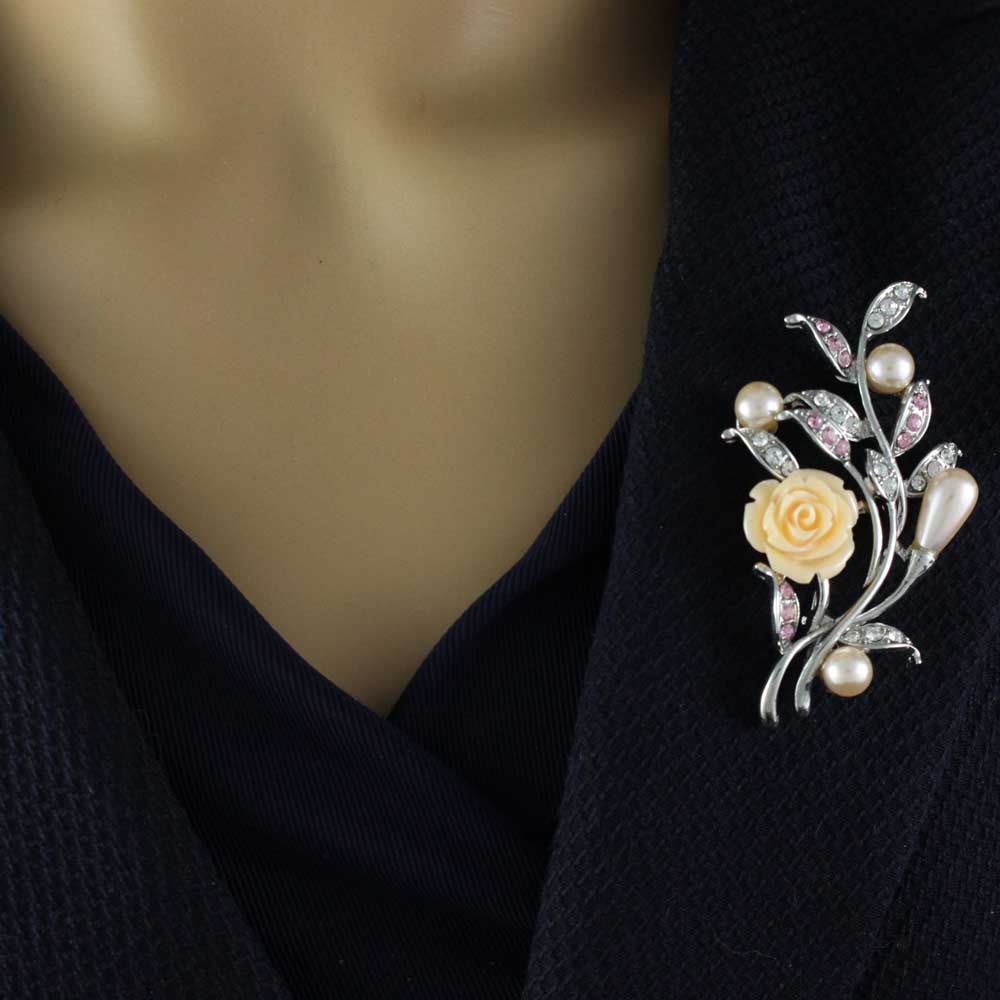 Peach Rose with Light Pink Pearl Buds Brooch Pin - PRP023 - Lilylin Designs