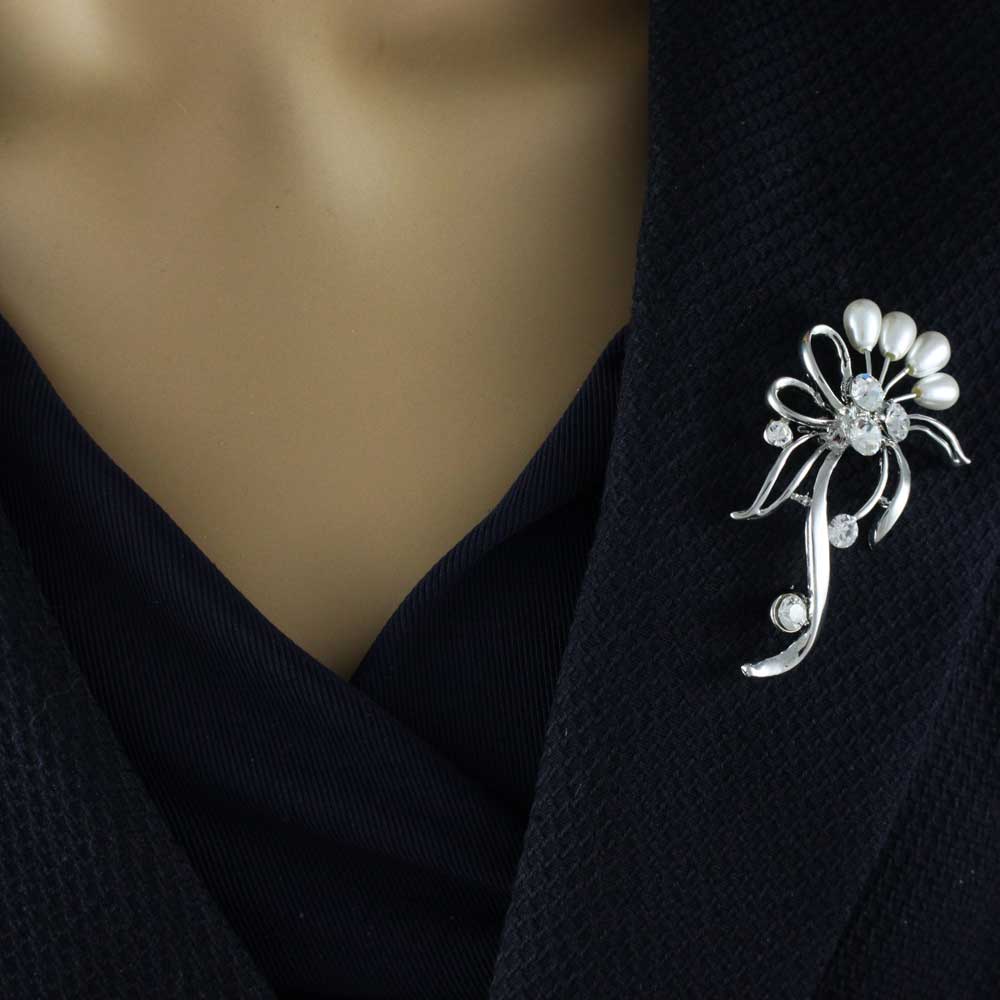 White Teardrop Pearl Buds with Crystal Bow Brooch Pin - PRP024 - Lilylin Designs