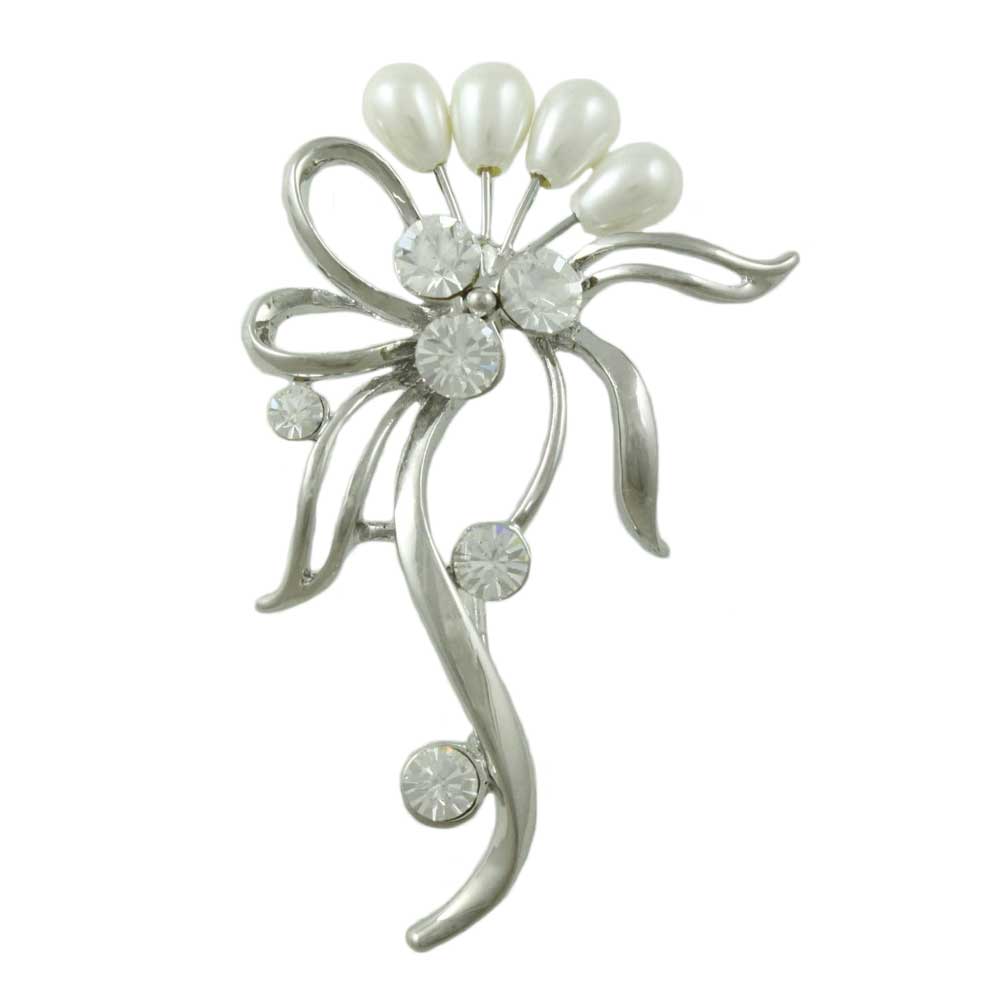 Lilylin Designs White Teardrop Pearl Buds with Crystal Bow Brooch Pin