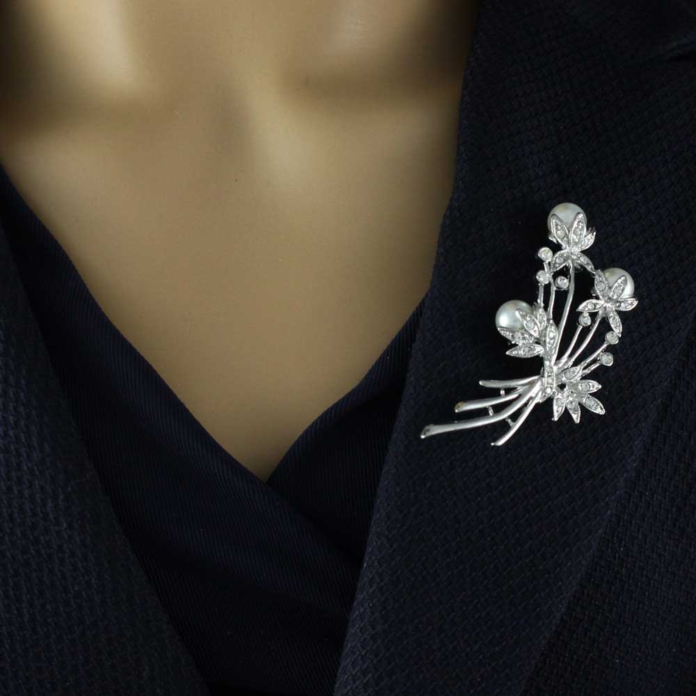 White Pearls with Clear Crystals Flower Buds Brooch Pin - PRP040 - Lilylin Designs
