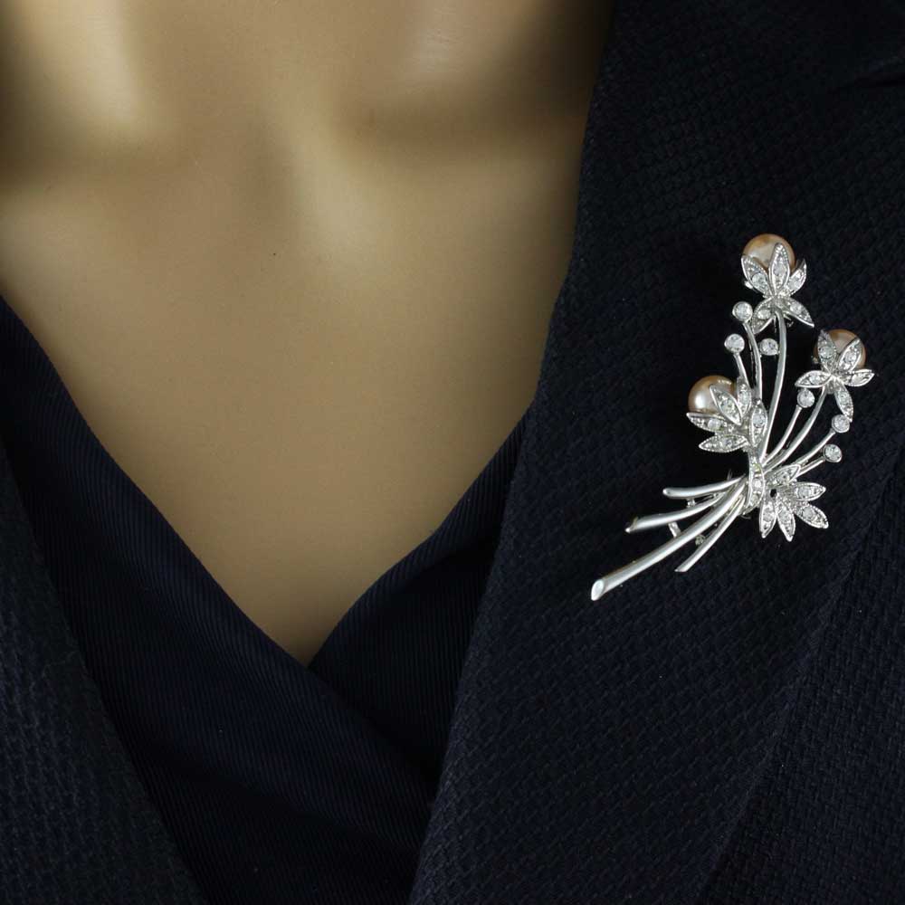 Crystal and Peach Pearl Buds Pin with Earring Gift Set - PRP040PBS - Lilylin Designs