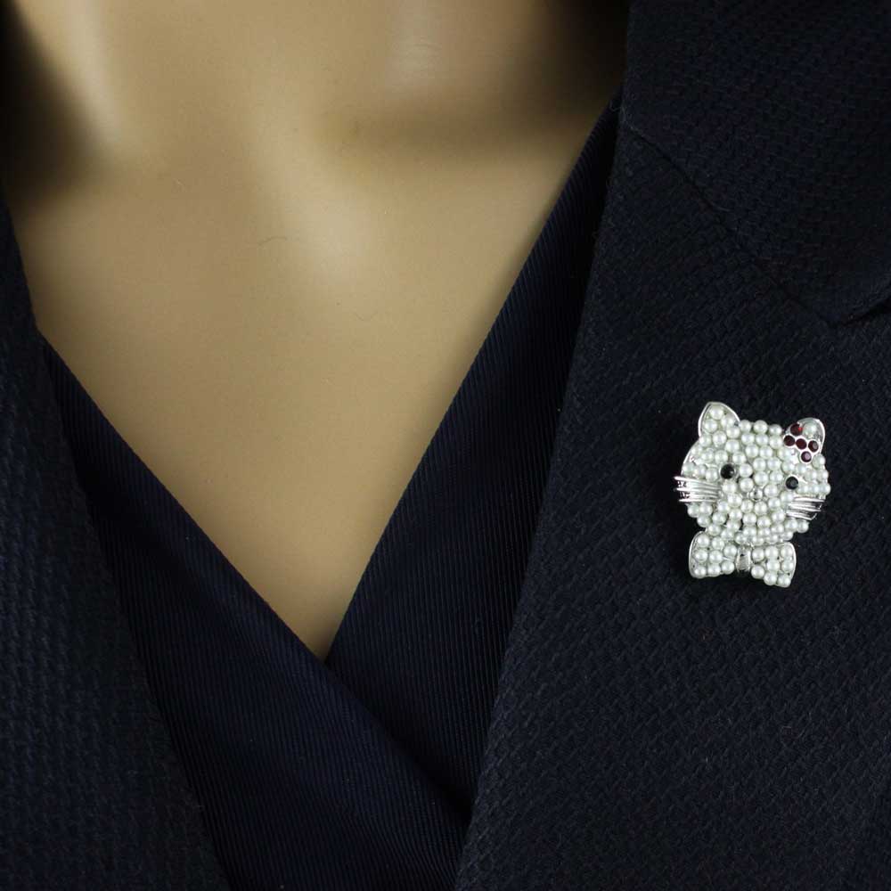 Pearl Studded Cat Head with Red Crystal Bow Brooch Pin - PRP110 - Lilylin Designs