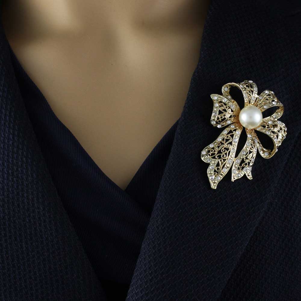 Large Gold Filigree Crystal Bow with White Pearl Pin - PRP261G - Lilylin Designs